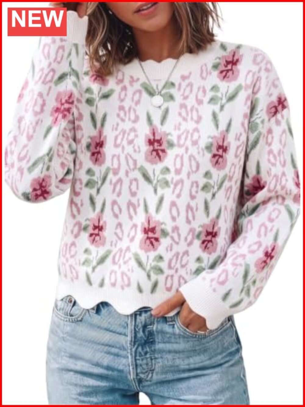 Dokotoo Womens Sweater Long Sleeve Scalloped Trim Loose Fit Floral Pullover